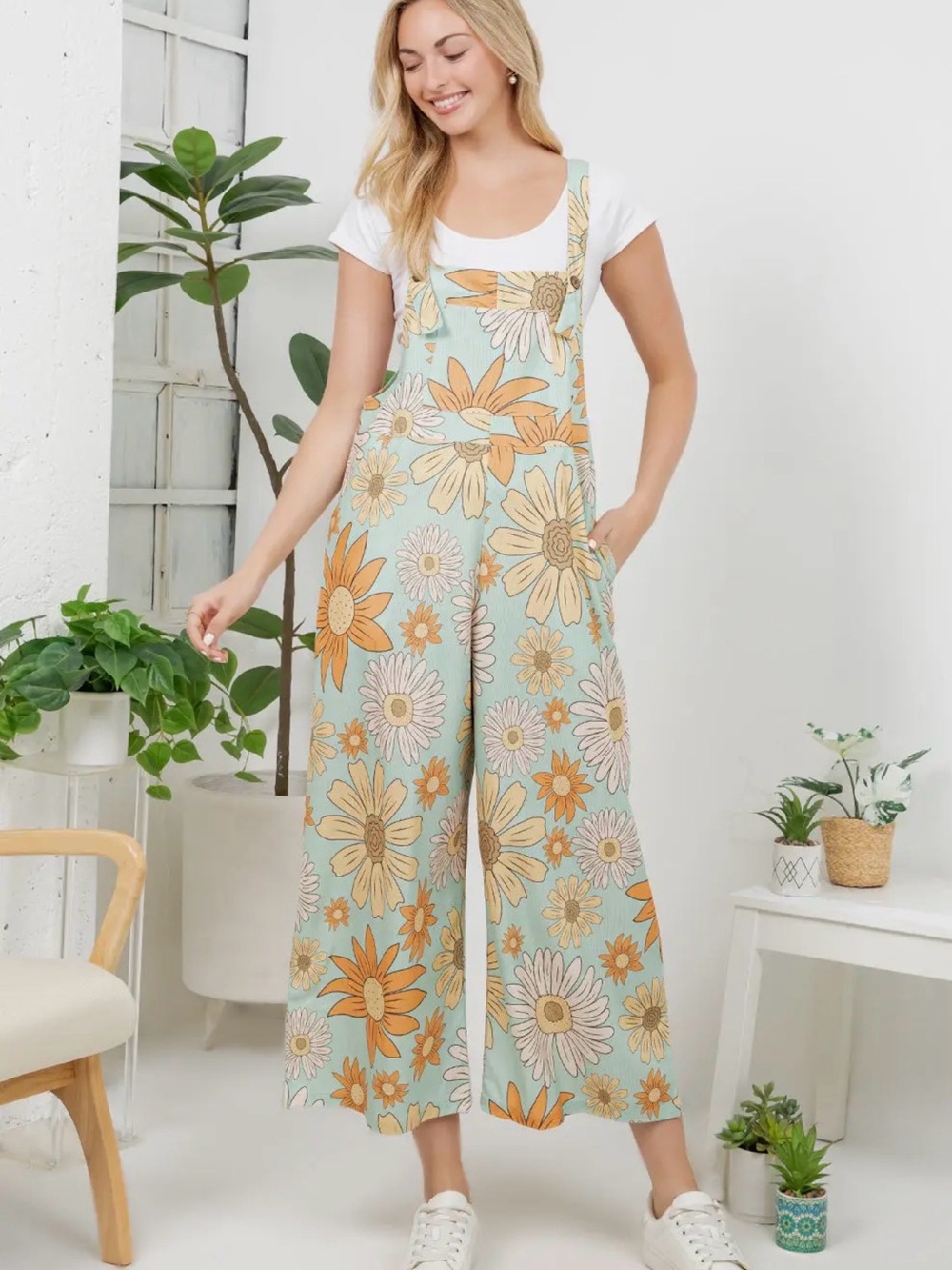 Mint Floral Wide-Leg Jumpsuit with Sunrise Daisy Print